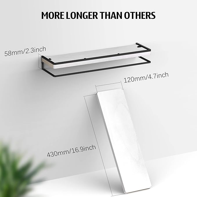 Meangood Floating Shelves Wall Mounted Set of 2, Wall Shelf with Towel Bar Rustic Wood Wall Storage Shelves for Bedroom,Living Room,Bathroom, Kitchen White