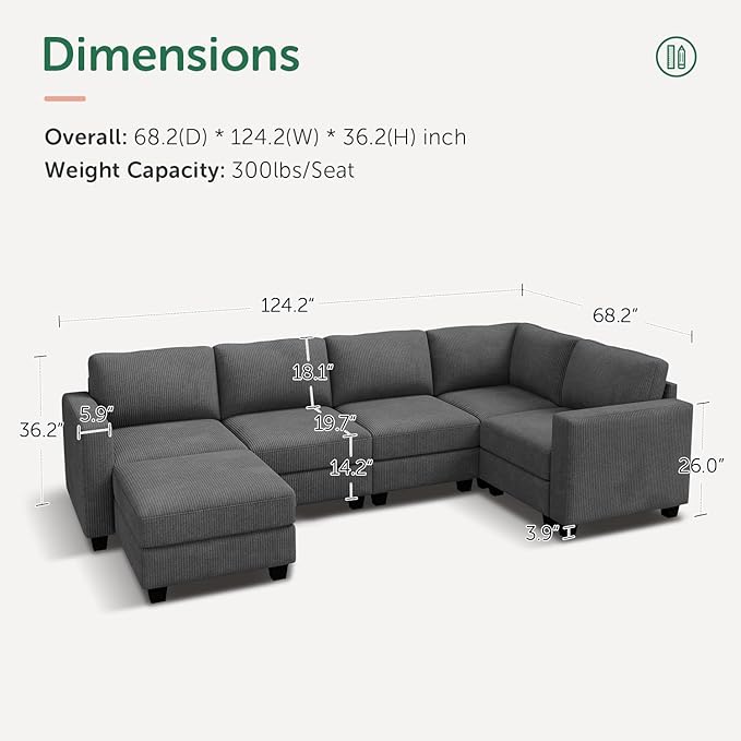 HONBAY U-Shaped Corduroy Sectional Couch with 6 Seaters Modular Sectional Sofa with Storage Sectional Couches for Living Room, Dark Gray