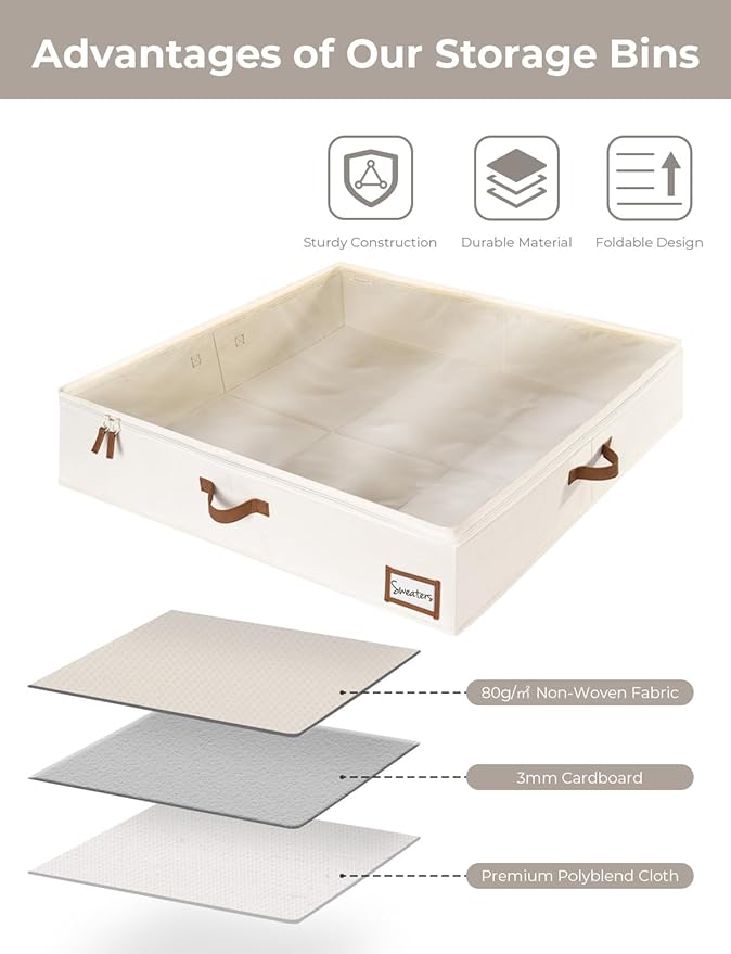 StorageWorks Underbed Storage Box, Under Bed Clothes Organizer With Sturdy Structure and Ultra Thick Fabric, Beige, 33" L x 31" W x 6 ¾ "H, 2 pack