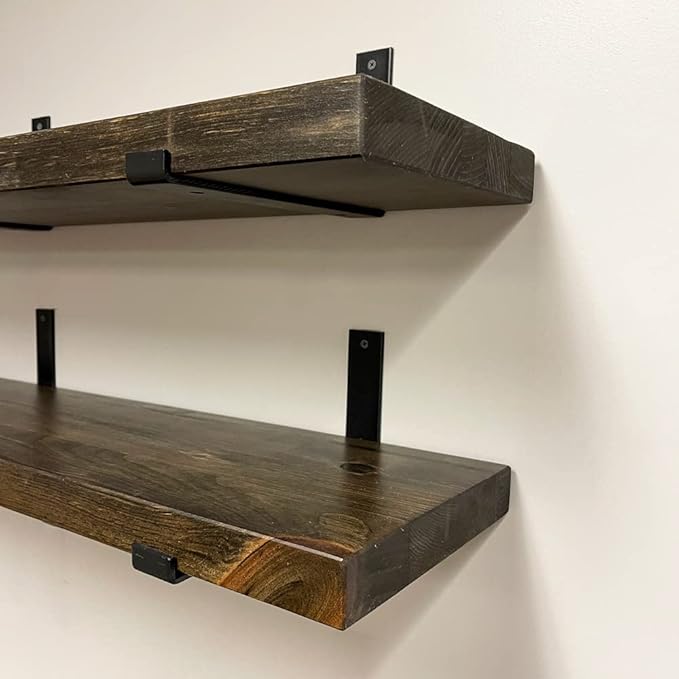 Rustic Shelves with J-Brackets Set of 2, Industrial Shelf, Kitchen Shelves, Solid Wood, Decorative Wall Storage, Heavy Duty, URBANDI (Dark Brown, 12Wx8D)