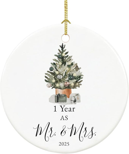 First Anniversary Ornament Gifts for Couple, Wedding Keepsake for 1 Year as Mr and Mrs, Ceramic Christmas Ornament With Ribbon and Box