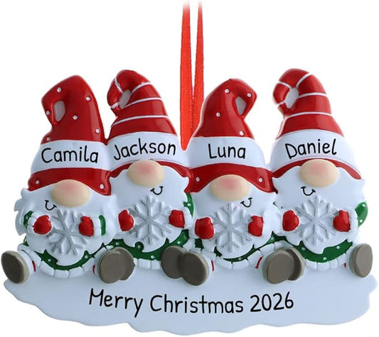 3D Gnome Family of 4 Christmas Ornament 2025 Personalized Family Christmas Ornaments 2025 | Snowflakes Scandinavian Personalized Tree Ornaments Customizable Gifts Santa Hat Gnomes of Four Ornament