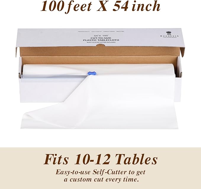 Goodluck 54 Inch X 100 Feet Plastic Table Cloths with Cutter Box, White Disposable Table Cover Roll, Plastic Tablecloth for Party, Banquet, Wedding, Birthday, Anniversary