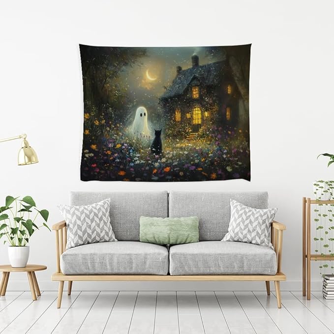 Halloween Black Cat and Ghost Tapestry Wall Hanging for Spooky Cute Bedroom Decor Dark Academia Moon Wildflower Cottage Tapestries Aesthetic for Home Living Room Decoration 50x60inch