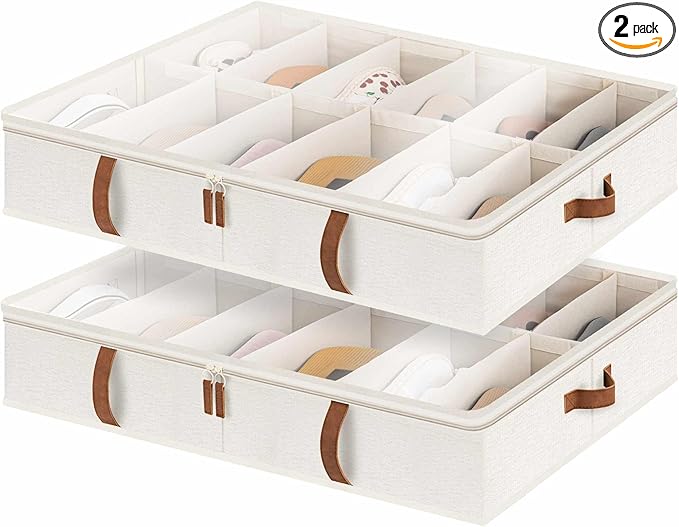 StorageWorks Shoe Organizer Under Bed for Closet, 2-Pack Ultra-thick Fabric Shoe Storage Containers with Bottom Support and Adjustable Dividers, Fits up to 24 Pairs, Beige