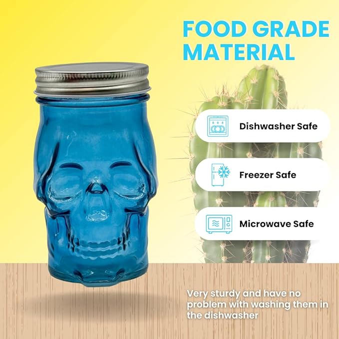 Generic 14 oz Colorful Skull Glass Mason Jar – Mix & Match 7 Vibrant Colors, Large & Durable! (Blue)