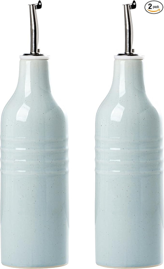 famiware Jupiter 16oz Ceramic Olive Oil Dispenser Bottle, Olive Oil and Vinegar Dispenser Bottle Set of 2 with Stainless Steel Pourers, Suitable for Storage Vinegar, Liquids, Light Blue