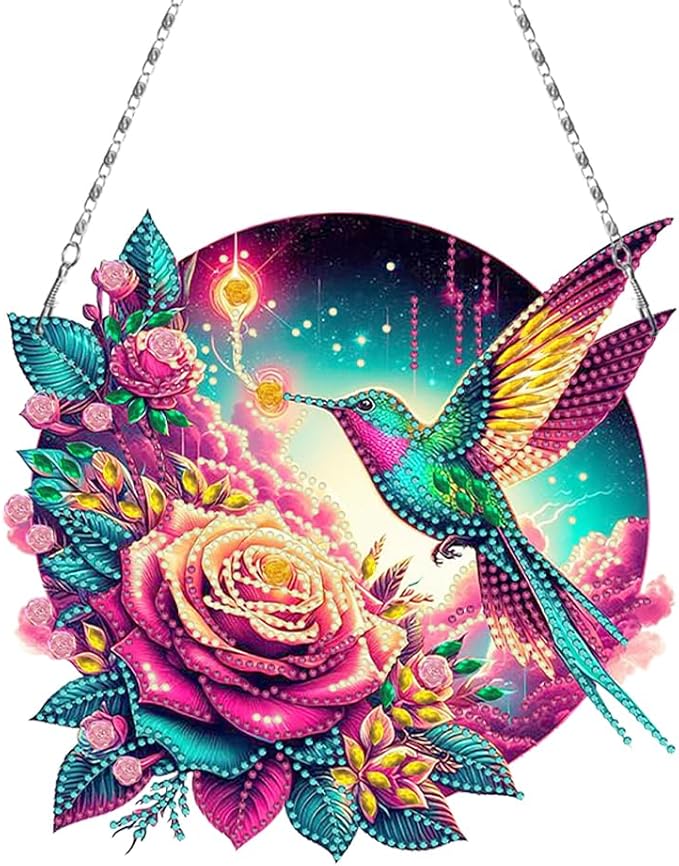 Flowers Hummingbird Diamond Art Kits,5D Diamond Hanging Ornament Kits,DIY Special Shaped Diamond Dot Kits,Home Porch Crystal Hanging Pendant Ornament (Colorful1)