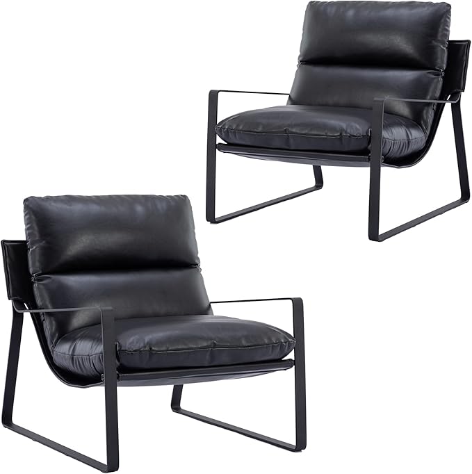 DUOMAY Mid-Century Accent Chair Armchair Set of 2, Comfy PU Leather Leisure Chair Lazy Chair with Metal Leg for Living Room Bedroom Office Apartment, Black