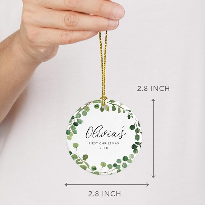 Andaz Press Personalized Round Ceramic Porcelain Christmas Tree Ornament Keepsake Collectible New Baby Gift, Olivia's First Christmas 2025, Farmhouse Eucalyptus Wreath, 1-Packs