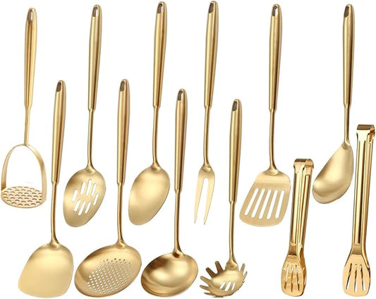 Gold Kitchen Utensils Set, 12 PCS Brass Matte Serving Utensils, 18/10 Stainless Steel All Metal Cooking Tools - Potato Masher, Tongs, Meat Fork, Spatula, Turner, Ladle, Skimmer, Spaghetti Spoon Set