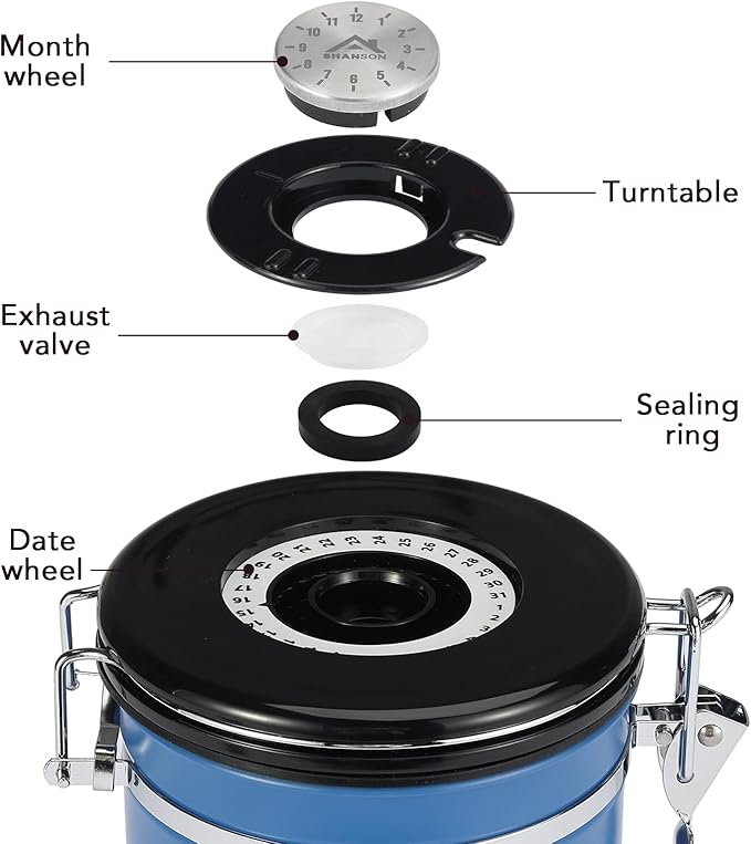 ShanSon Coffee Canister Airtight Coffee Container Stainless Steel Coffee Bean Storage Container with CO2 Release Valve and Scoop Coffee Canister for Beans,Grounds,Sugar,Flour,Tea,Cereal,22OZ,Blue