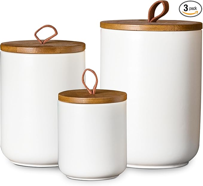 JOJUNO White Ceramic Canister Set with Wooden Lid, 3-Piece Airtight Food Storage Jars for Kitchen Counter - Flour, Sugar, Coffee, Tea, Spice - Small, Medium, Large Sizes