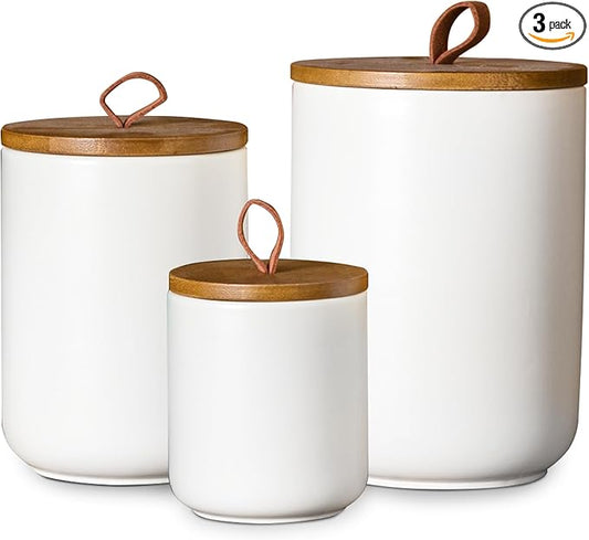 JOJUNO White Ceramic Canister Set with Wooden Lid, 3-Piece Airtight Food Storage Jars for Kitchen Counter - Flour, Sugar, Coffee, Tea, Spice - Small, Medium, Large Sizes