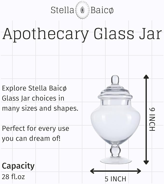 Stella Baic Small Heart-Shaped Glass Apothecary Jars with Lids, Clear, 28 Fl. Oz (9" H x 5" D), Perfect for Candy Buffet, Home Decor, Bathroom Storage, Wedding Party