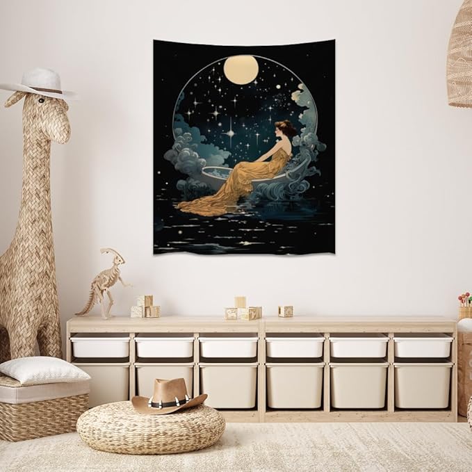 Dark Academia Tapestry Celestial Moonlit Bathing Lady Print Trendy Aesthetic Gothic Wall Hanging Vintage Art Nouveau Tapestries Wall Decor for Bedroom Living Room Dorm 30x40inch