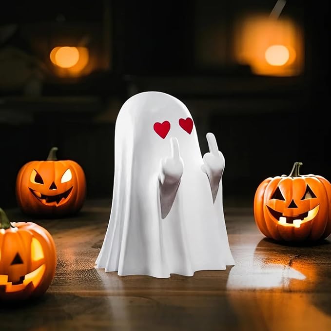 Halloween Ghost Figurine, Funny Middle Finger Spooky Resin Statue, Cute Heart Ghost Decor for Halloween Decorations Indoor, Porch and Indoor Spooky Home Party Decor Gifts