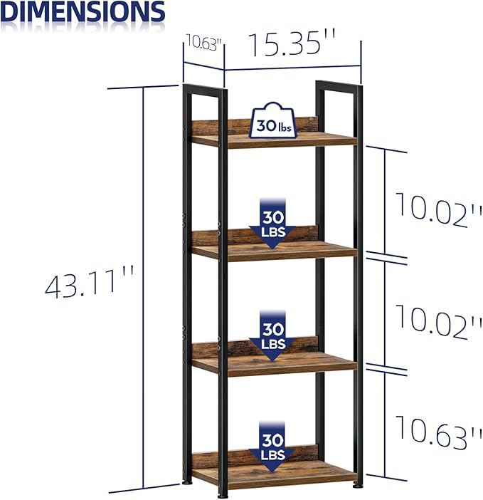 NUMENN Narrow Bookshelf, 4 Tier Bookshelves, Home Office Bookcase Shelf Storage Organizer, Free Standing Storage Shelving Unit for Bedroom, Living Room and Home Office, Vintage