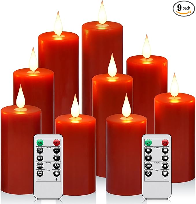 Flameless battery Operated LED candles 3D wick with10 key button remote control 24-hour timer Set of 9 electric flickering pillar real wax ApplyTo Party, Wedding,Dinner，gift and Home Decoration