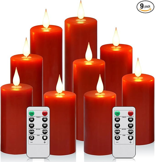 Flameless battery Operated LED candles 3D wick with10 key button remote control 24-hour timer Set of 9 electric flickering pillar real wax ApplyTo Party, Wedding,Dinner，gift and Home Decoration