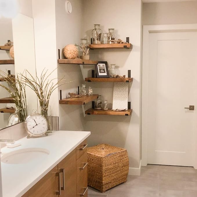 Rustic Shelves with J-Brackets Set of 2, Industrial Shelf, Kitchen Shelves, Solid Wood, Decorative Wall Storage, Heavy Duty, URBANDI (Brown, 48Wx6D)