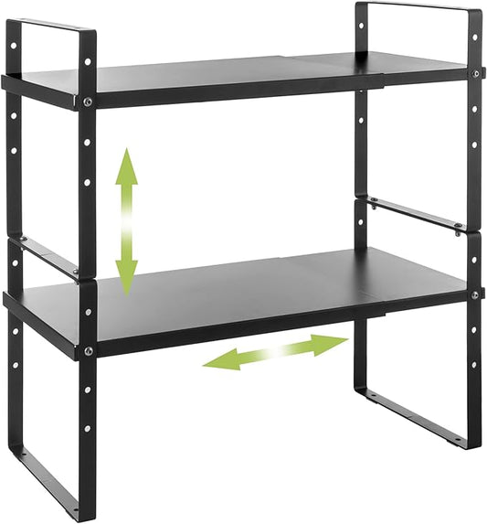Expandable Cabinet Shelf Organizer Rack, Stackable Kitchen Countertop Organizer Storage Shelves, Adjustable Height Pantry Counter Shelf Riser Spice Rack (Black, 2 Pack)