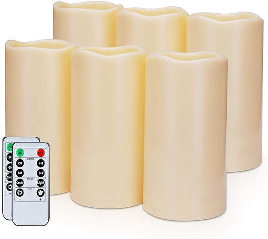 Amagic 3" x 6" Outdoor Waterproof Flameless Candles, Battery Operated Candles with Remote and Timer, Flickering Electric LED Pillar Candle for Outdoor Patio, Garden, Indoor Room Decor, Ivory, Set of 6