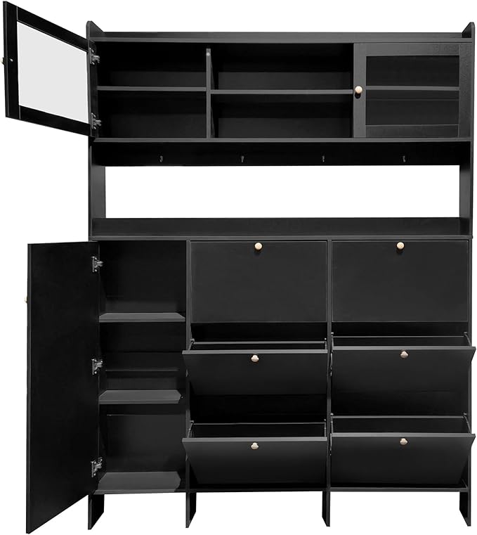 Ball & Cast Tipping Bucket 3-Tier Shoe Cabinet with 6 Flip Drawers and Storage Shelf,Entryway Hall Tree with Tempered Glass Doors and 4 Hooks,for Hallway,Mudroom,Living Room,Black