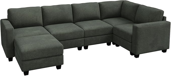 HONBAY U-Shaped Corduroy Sectional Couch with 6 Seaters Modular Sectional Sofa with Storage Sectional Couches for Living Room, Green