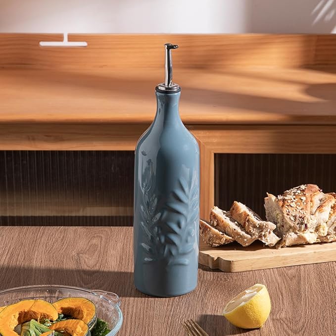 Sweejar Large Ceramic Olive Oil Dispenser Bottle, 24 Oz Relief Opaque Oil Cruet Protects Oil To Reduce Oxidation, Storage Vinegar, Soy Sauce, Coffee Syrup, Liquids, Set of 1 (Fog blue)