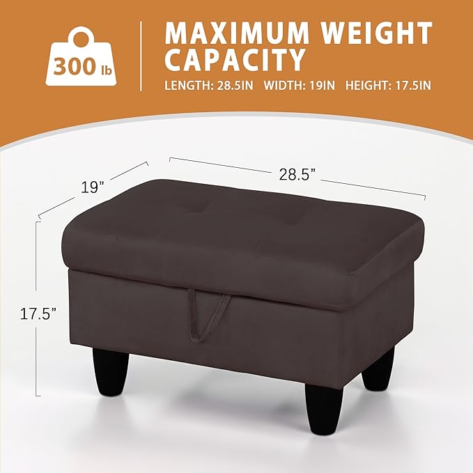 Ottoman Rectangular Storage Ottoman Bench, Flannel Footrest Stool Footstool with Lid for Living Room, Bedroom, Entryway, Dark Coffee, 28.5"x19"x17.5"