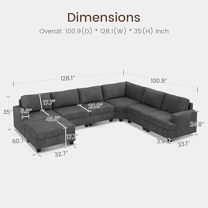 Nolany Dark Grey Corduroy U Shape Modular Sectional Couch with Storage Ottoman, 72.9"D x 128.5"W x 35"H, 6 Seater, Plush, Easy Assembly