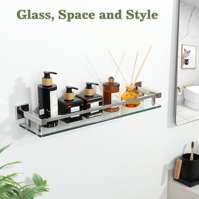 Alise Bathroom Shelves, Polished Chrome Glass Shelf for Bathroom, Modern Floating Shelves, 20 inch