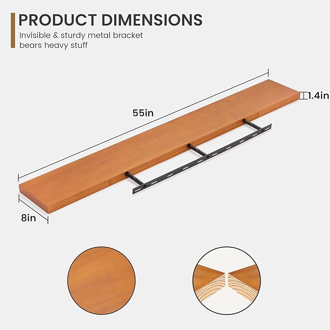 Fun Memories 55 Inches Floating Shelves - 8 Inch Deep Rustic Solid Pine Wood Wall Shelves for Storage - Farmhouse Wall Mounted for Living Room - Heavy-Duty Metal Bracket - 55" W x 8" D - Honey
