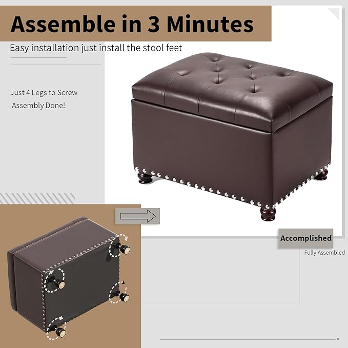 Joveco Leather Storage Ottoman Bench Rectangle 24 Inch Foot Rest Ottomans Stool for Living Room Bedroom(Brown)