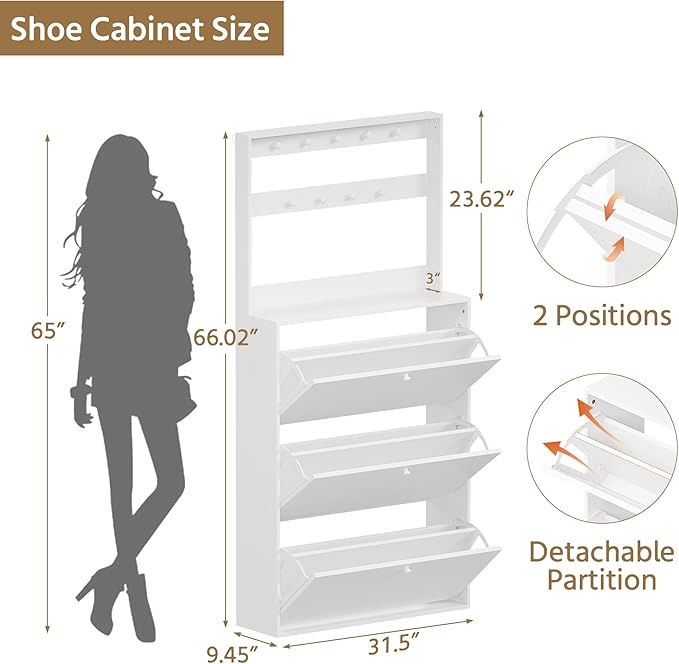 Shoe Cabinet with 3 Flip Drawers, Narrow Shoe Cabinet with 9 Hooks Coat Rack, Freestanding Shoes Storage Cabinets with Adjustable Shelves for Entryway, Hallway, Living Room, White