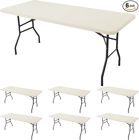 Fitted Tablecloth for 6 Foot Rectangle Tables-6 Pack Cream Elastic Outdoor Picnic Table Cover-Spandex Stretch Folding Table Cloths 6 ft for Camping Dining Room Patio Kitchen Banquet Party