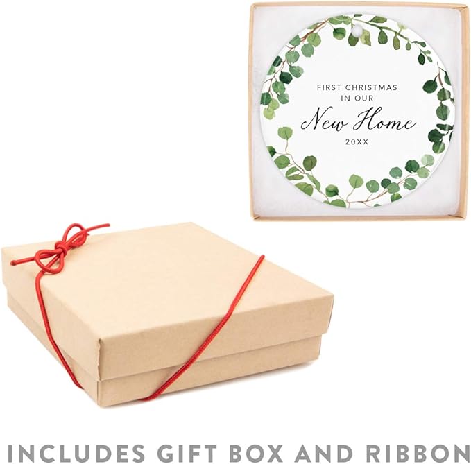 Andaz Press Custom Year Round Ceramic Porcelain Christmas Tree Ornament Keepsake Collectible Gift, First Christmas in Our New Home 2025, Woodland Wreath Deer, 1-PackHousewarming Gift Ideas