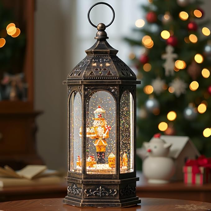 Animated Gingerbread Nutcracker with Moving Figurines Lighted Water Lantern, USB Lined/Battery Operated Snow Globe for Christmas Festival Decoration Gifts