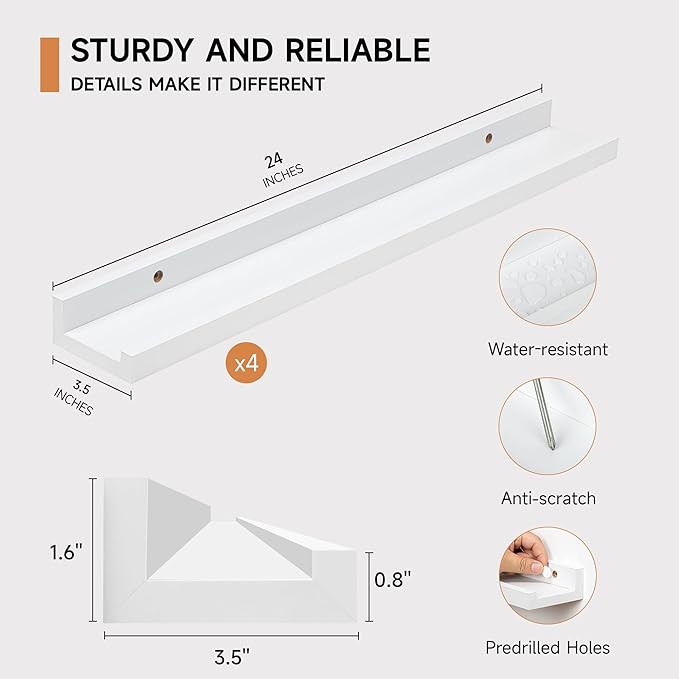 Picture Ledge Shelf for Wall, Floating Shelves Set of 4, 24 Inch Long Nursery Book Shelves for Toys Storage, Kids Bookshelf Wall Mounted for Books Photo Frames, White