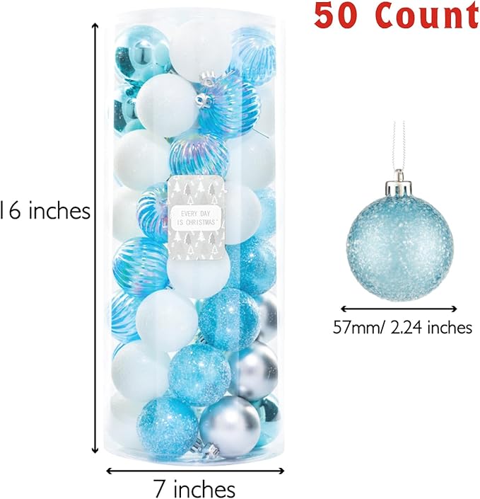 Every Day is Christmas Ornaments, Shatterproof Christmas Tree Ornament Set, Christmas Balls Decoration 50 Count (2.24"/57mm, Blue Silver)