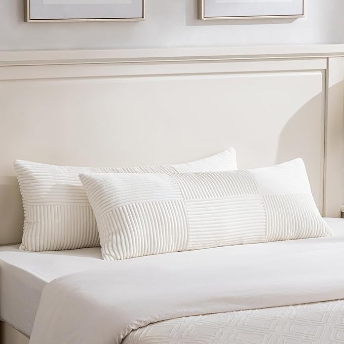 Fancy Homi Set of 2 Cream White Boho Long Lumbar Body Decorative Throw Pillow Cover 14x36 Inch for Bed Couch Bedroom Bench, Soft Patchwork Corduroy Textured Pillow Case, Rustic Farmhouse Room Décor