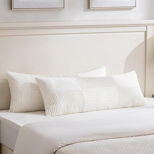 Fancy Homi Set of 2 Cream White Boho Long Lumbar Body Decorative Throw Pillow Cover 14x36 Inch for Bed Couch Bedroom Bench, Soft Patchwork Corduroy Textured Pillow Case, Rustic Farmhouse Room Décor