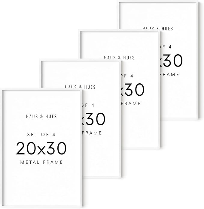 HAUS AND HUES 20x30 White Metal Picture Frames - Features Premium Aluminum, Vertical & Horizontal Hang, Shatterproof Plexiglass - Perfect for Home, Room, Office (20x30 in, White, Set of 4)