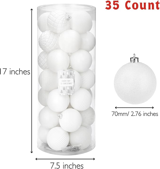 Every Day is Christmas Ornaments, Shatterproof Christmas Tree Ornament Set, Christmas Balls Decoration 35 Count (2.75"/70mm, Cream)