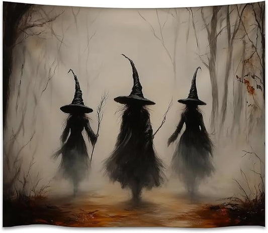 Witchy Halloween Tapestry Wall Hanging Vintage Spooky Witch Room Print Dark Academia Autumn Forest Three Witches Tapestries Decor for Halloween Living Room Bedroom Decoration 30x40inch