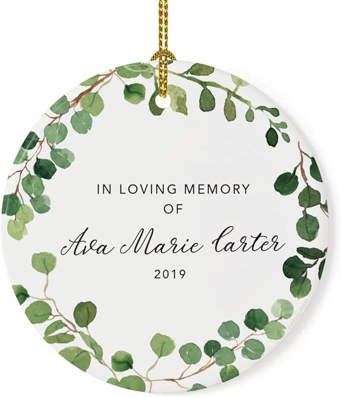 Andaz Press Personalized Round Ceramic Porcelain Christmas Tree Keepsake Gift, in Loving Memory of Ava Marie Carter, Farmhouse Eucalyptus Wreath, 1-Pack, Custom Memorial Bereavement Gift Ideas