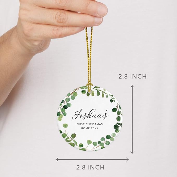 Andaz Press Personalized Round Ceramic Porcelain Christmas Tree Ornament Keepsake Collectible Adoption New Baby Gift, Joshua's First Christmas Home 2025, Farmhouse Eucalyptus Wreath, 1-Packs
