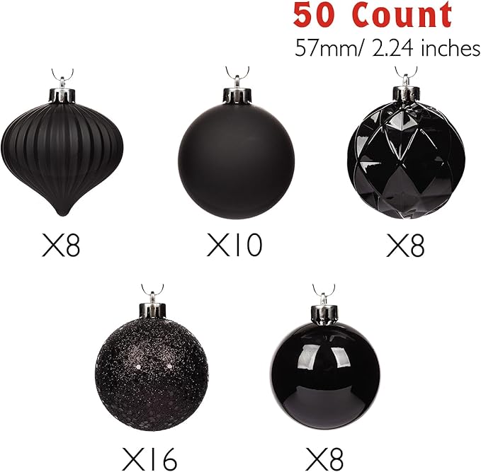 Every Day is Christmas Ornaments, Shatterproof Christmas Tree Ornament Set, Christmas Balls Decoration 50 Count (2.24"/57mm, New Black)