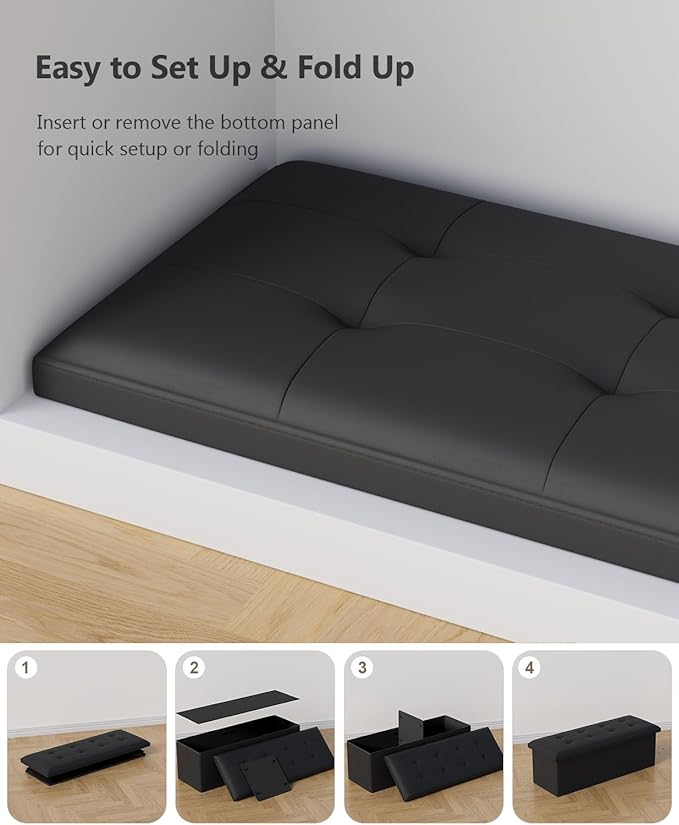Storage Ottoman Bench, Folding Ottoman Foot Rest, 15 x 43 x 15 Inches, End of Bed Bench,Storage Chest, for Living Room, Bedroom, Hallway, Entryway, Holds up to 700 lb,Black